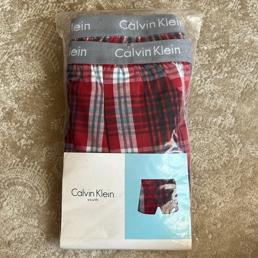 Brand New Calvin Klein 2-Pack Boys Plaid Cotton Boxer Shorts Red Blue Underwear